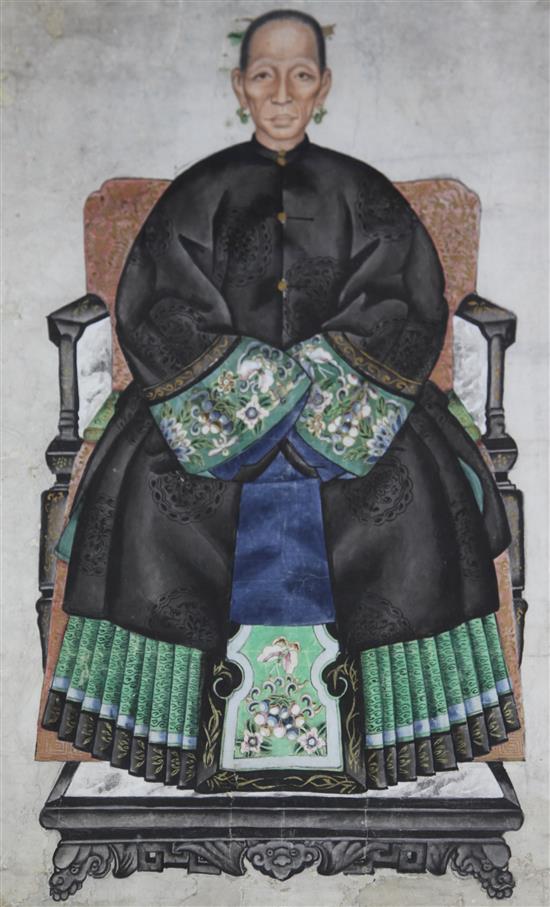 Five Chinese ancestor portraits, late Qing dynasty, largest 106 x 57.5cm including borders